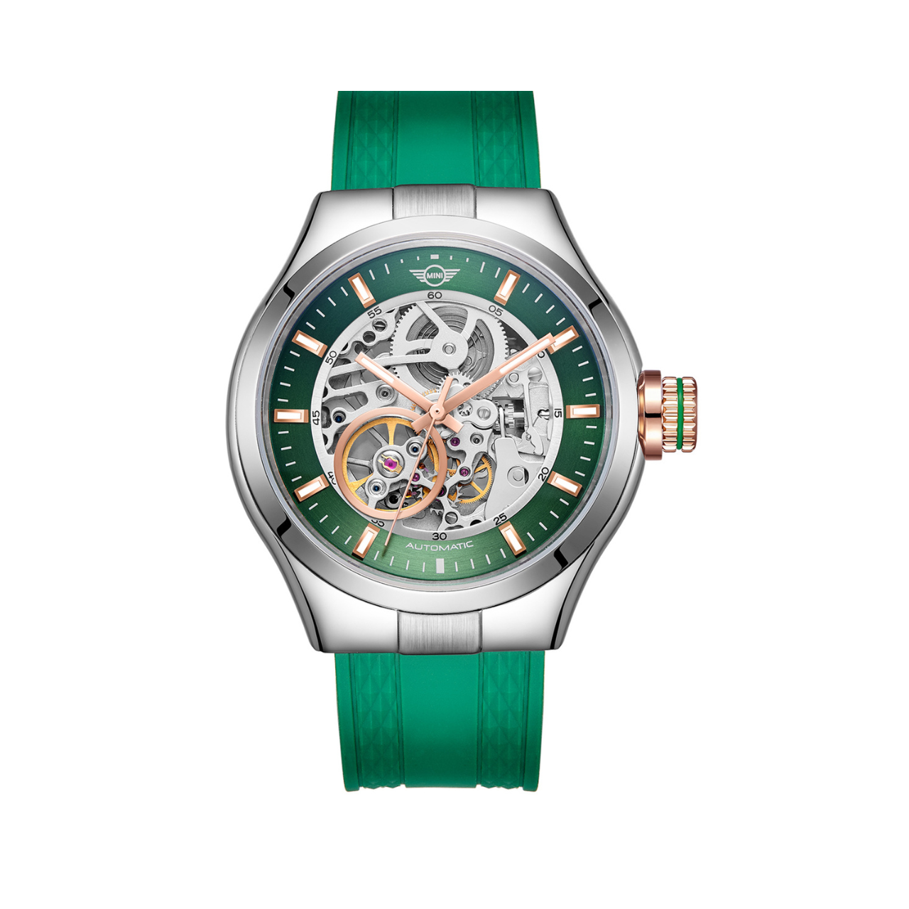 MINI Cooper | Skeleton Automatic | Luxury Watches | Green & Silver | Silicon Strap | Men | Mechanical Skeleton Automatic Collection