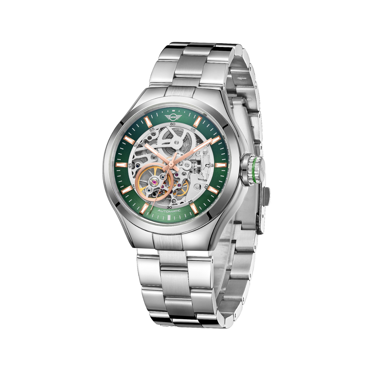 MINI Cooper | Skeleton Automatic | Luxury Watches | Silver & Green | Stainless Steel Strap | Men | Mechanical Skeleton Automatic Collection