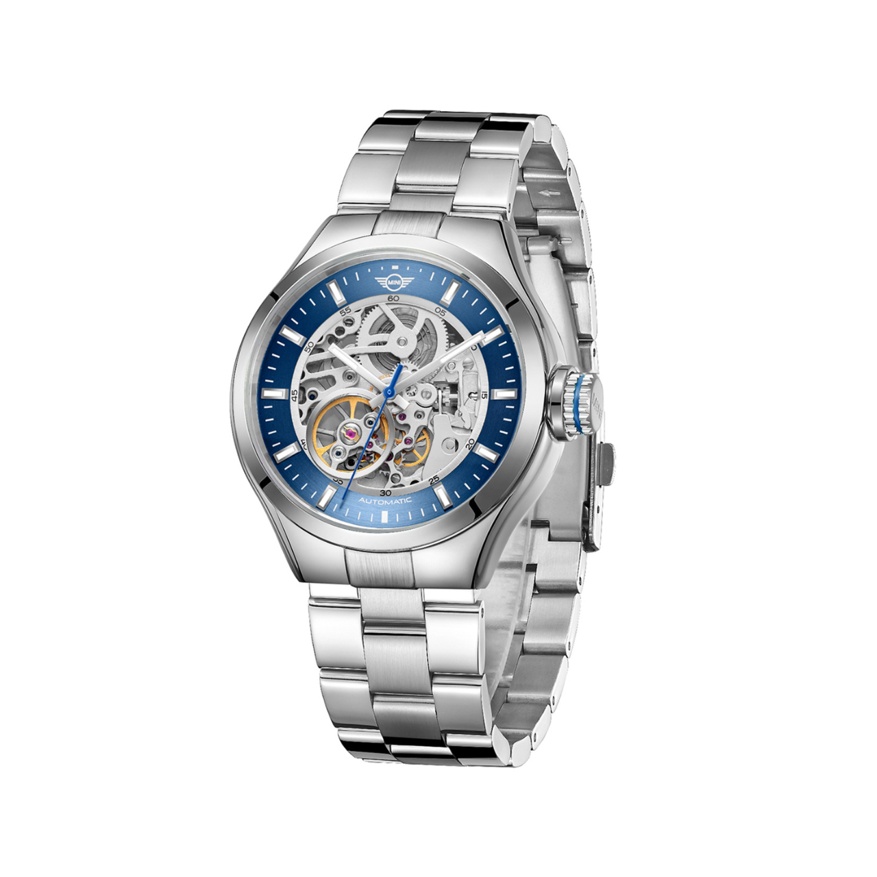 MINI Cooper | Skeleton Automatic | Luxury Watches | Silver & Blue | Stainless Steel Strap | Men | Mechanical Skeleton Automatic Collection