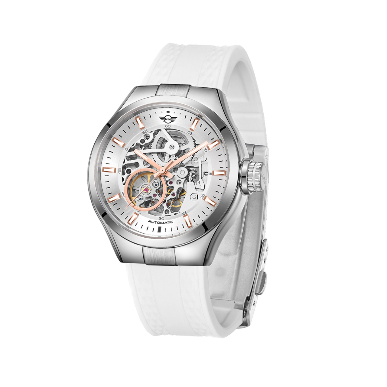 MINI Cooper | Skeleton Automatic | Luxury Watches | White & Silver | Silicon Strap | Men & Women (Unisex) | Mechanical Skeleton Automatic Collection