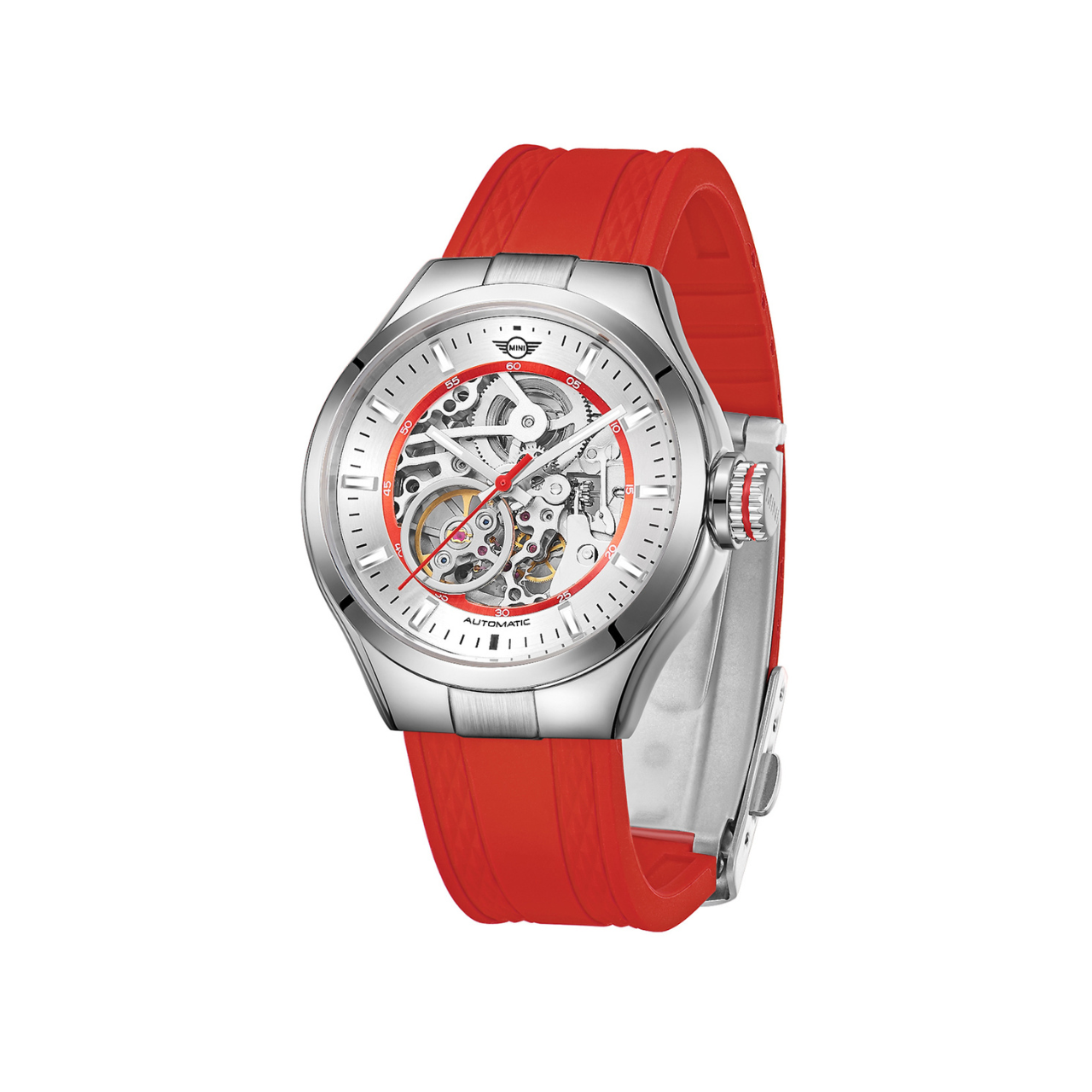 MINI Cooper | Skeleton Automatic | Luxury Watches | Red & Silver | Silicon Strap | Men & Women (Unisex) | Mechanical Skeleton Automatic Collection