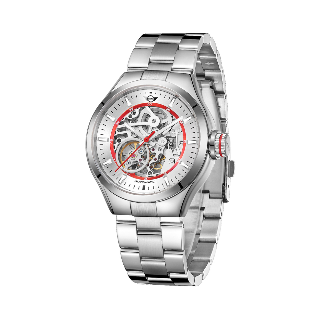 MINI Cooper | Skeleton Automatic | Luxury Watches | Silver & Red | Stainless Steel Strap | Men | Mechanical Skeleton Automatic Collection