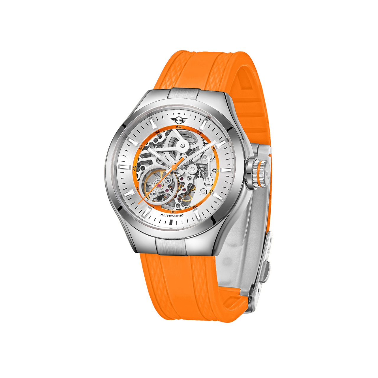 MINI Cooper | Skeleton Automatic | Luxury Watches | Orange & Silver | Silicon Strap | Men & Women (Unisex) | Mechanical Skeleton Automatic Collection