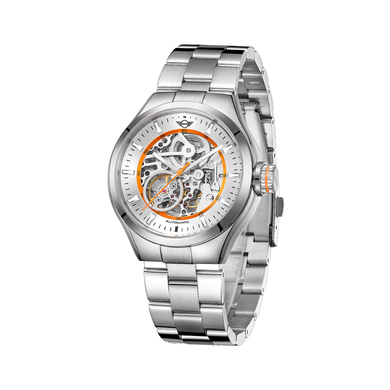 MINI Cooper | Skeleton Automatic | Luxury Watches | Silver & Orange | Stainless Steel Strap | Men & Women | Mechanical Skeleton Automatic Collection