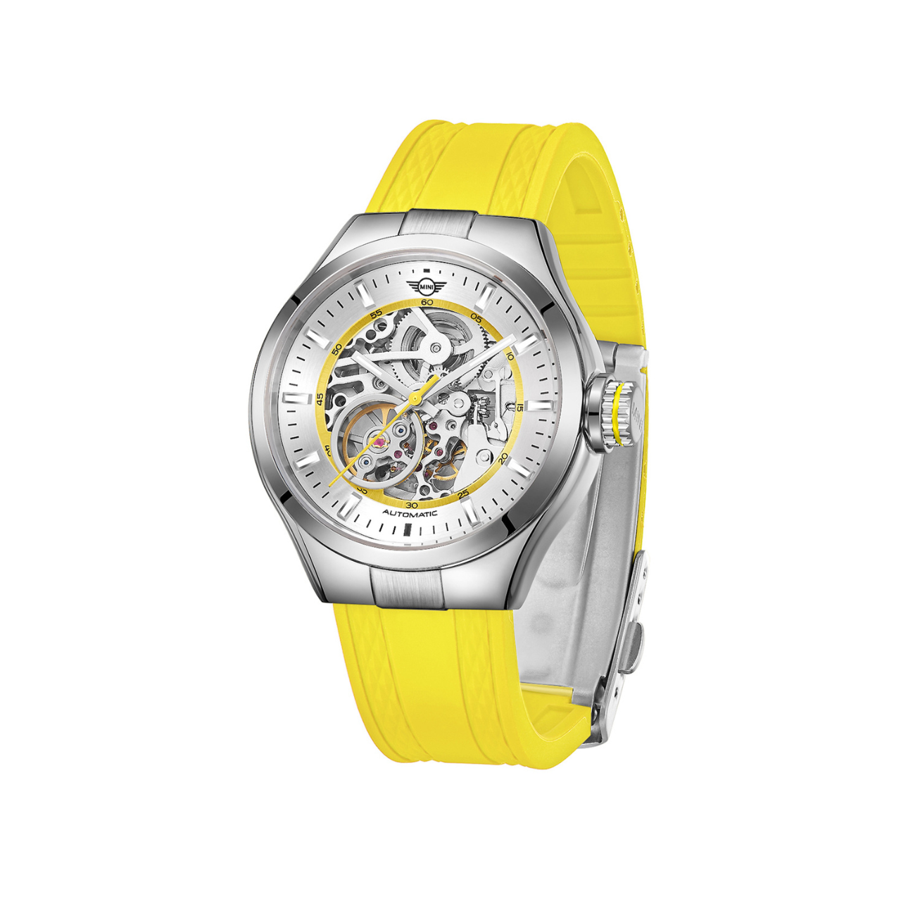 MINI Cooper | Skeleton Automatic | Luxury Watches | Yellow & Silver | Silicon Strap | Men & Women (Unisex) | Mechanical Skeleton Automatic Collection