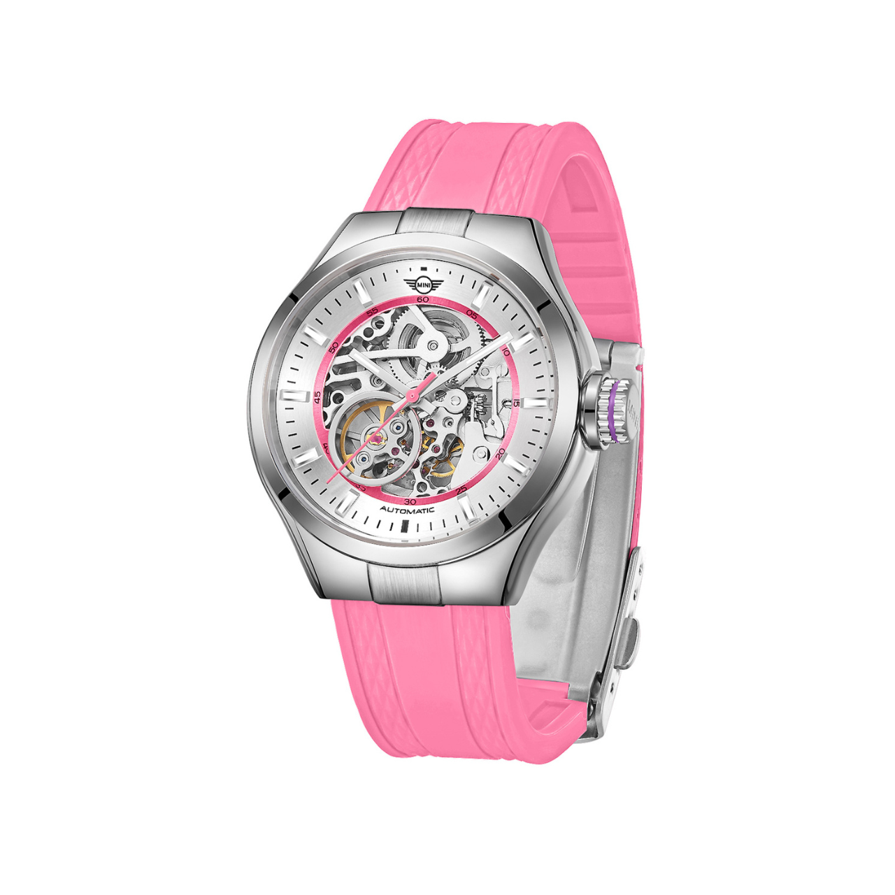 MINI Cooper | Skeleton Automatic | Luxury Watches | Pink & Silver | Silicon Strap | Women | Mechanical Skeleton Automatic Collection