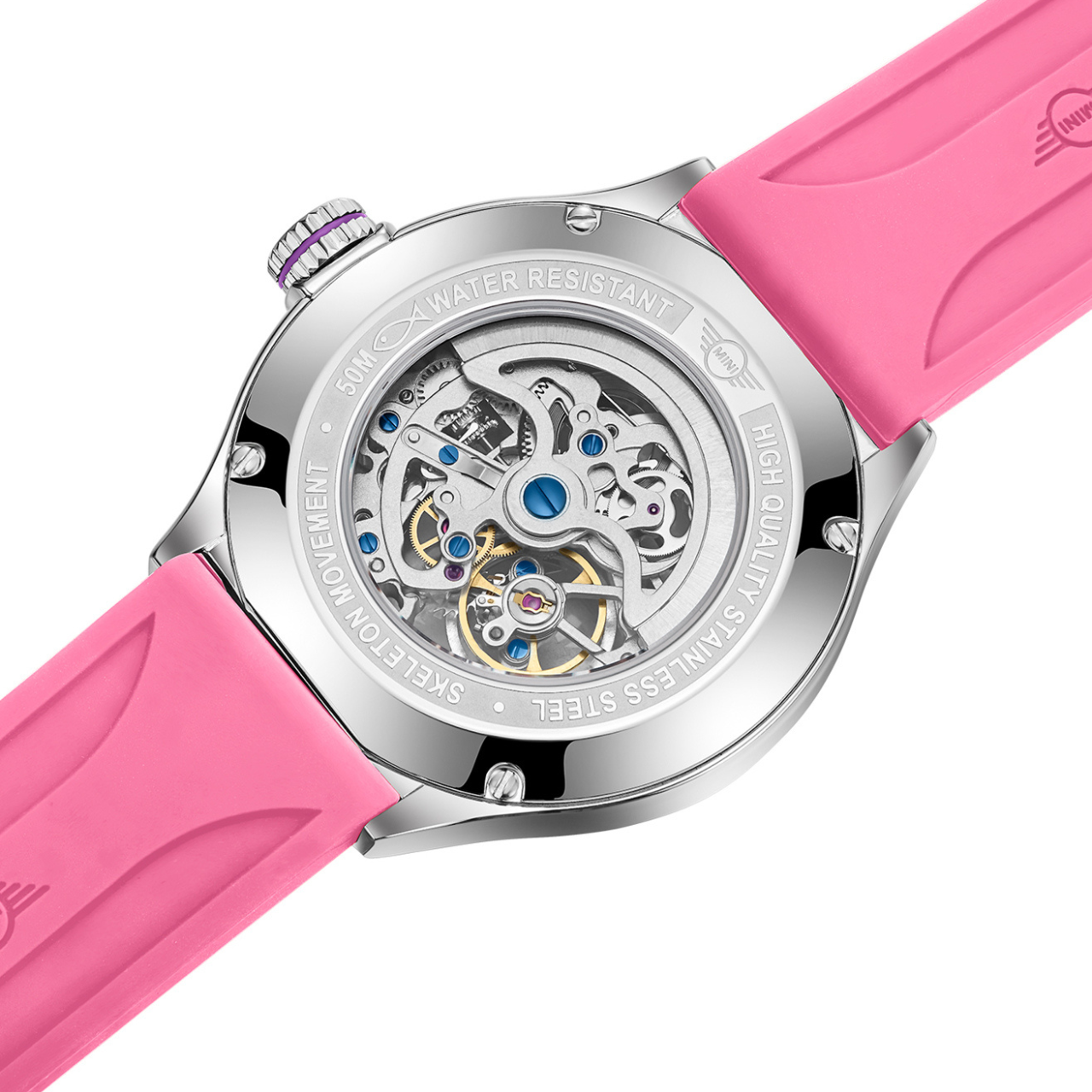 MINI Cooper | Skeleton Automatic | Luxury Watches | Pink & Silver | Silicon Strap | Women | Mechanical Skeleton Automatic Collection