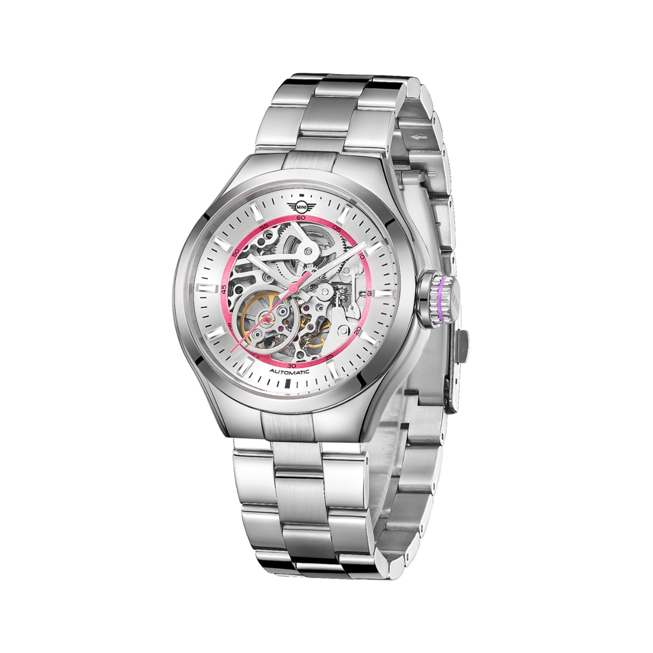 MINI Cooper | Skeleton Automatic | Luxury Watches | Silver & Pink | Stainless Steel Strap | Women | Mechanical Skeleton Automatic Collection