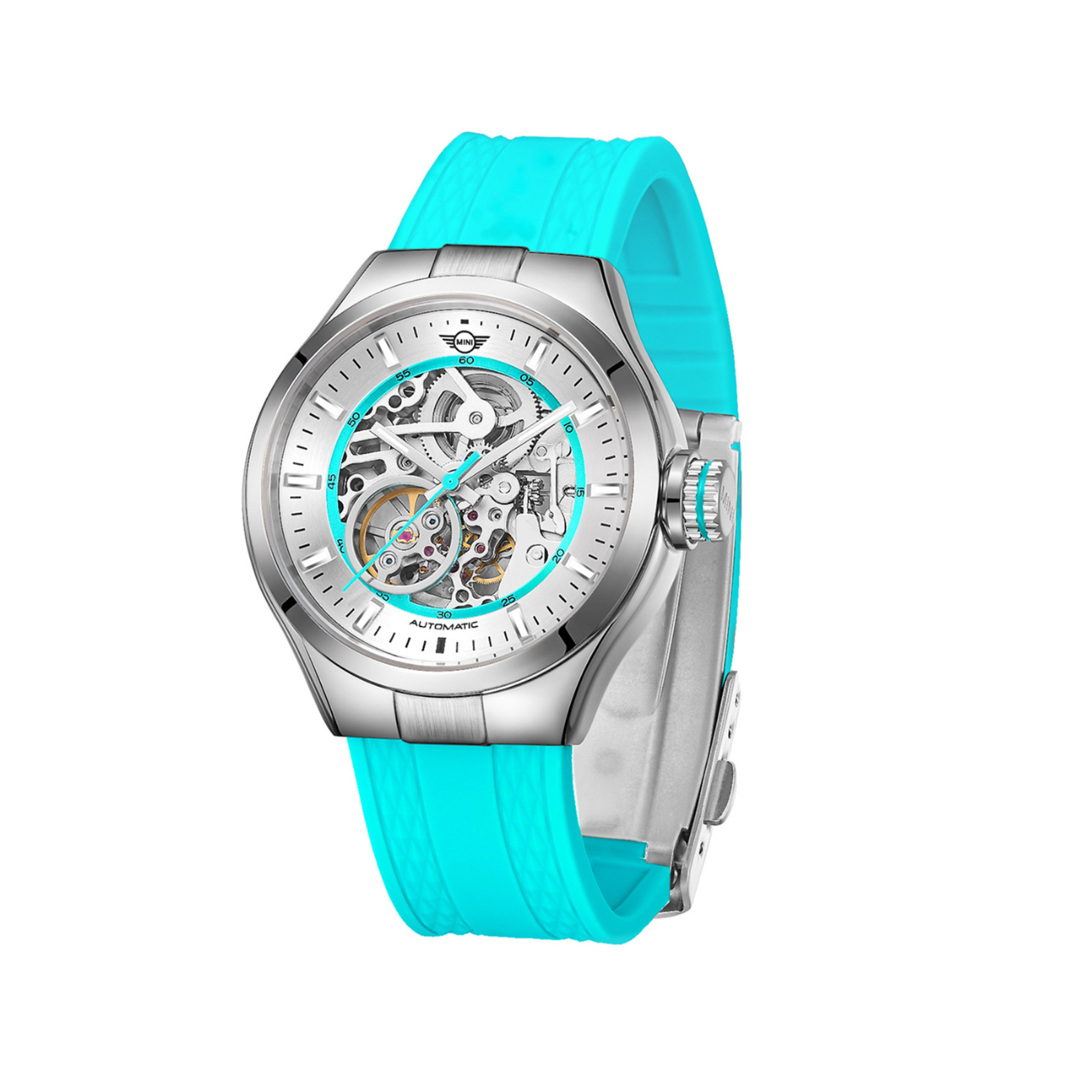 MINI Cooper | Skeleton Automatic | Luxury Watches | Turquoise & Silver | Silicon Strap | Men & Women (Unisex) | Mechanical Skeleton Automatic Collection