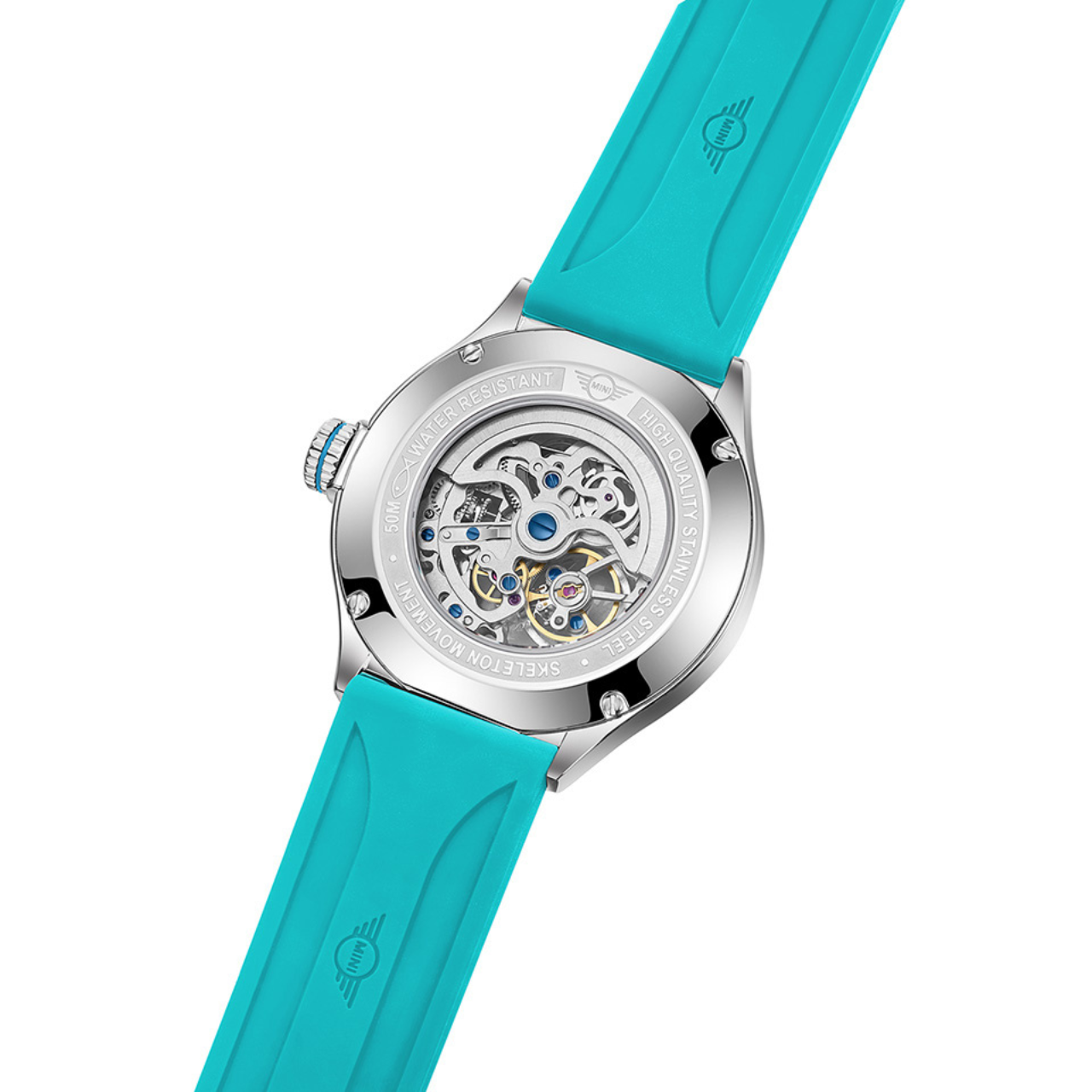 MINI Cooper | Skeleton Automatic | Luxury Watches | Turquoise & Silver | Silicon Strap | Men & Women (Unisex) | Mechanical Skeleton Automatic Collection