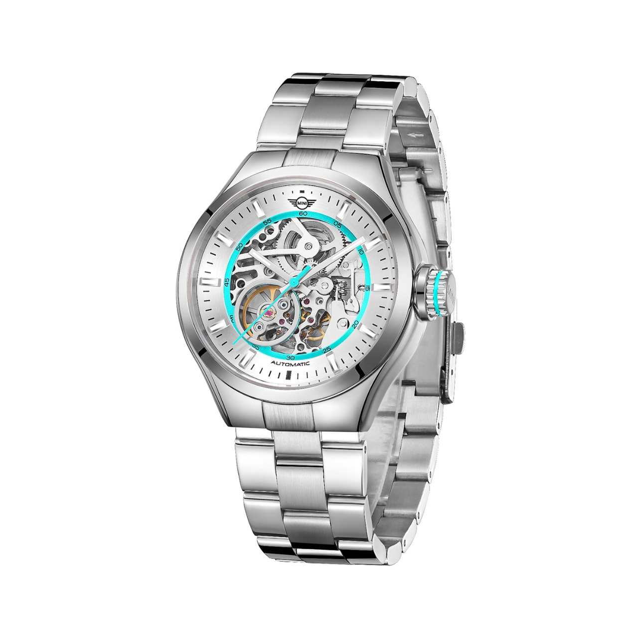 MINI Cooper | Skeleton Automatic | Luxury Watches | Silver & Turquoise | Stainless Steel Strap | Men | Mechanical Skeleton Automatic Collection