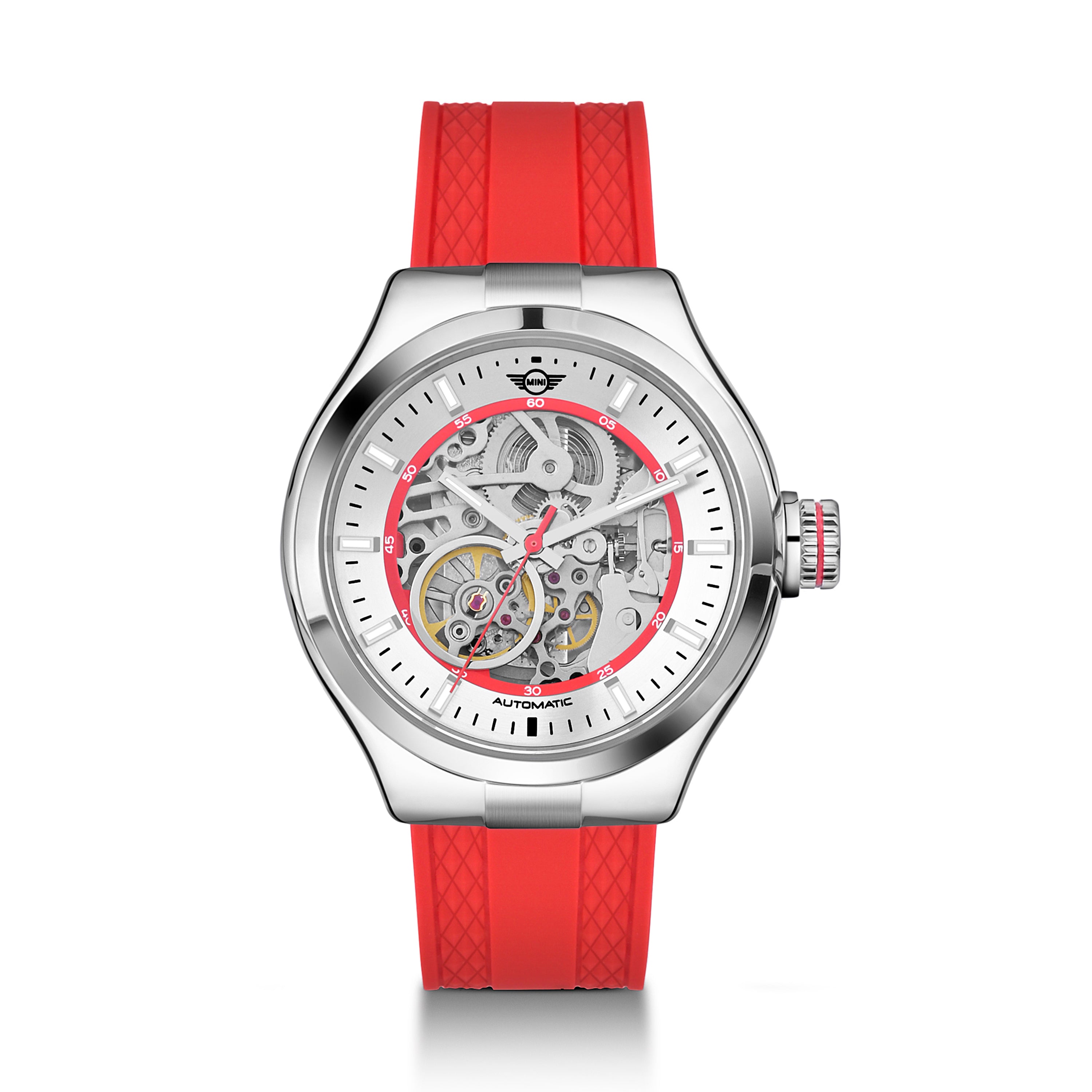 MINI Cooper | Skeleton Automatic | Luxury Watches | Red & Silver | Silicon Strap | Men & Women (Unisex) | Mechanical Skeleton Automatic Collection