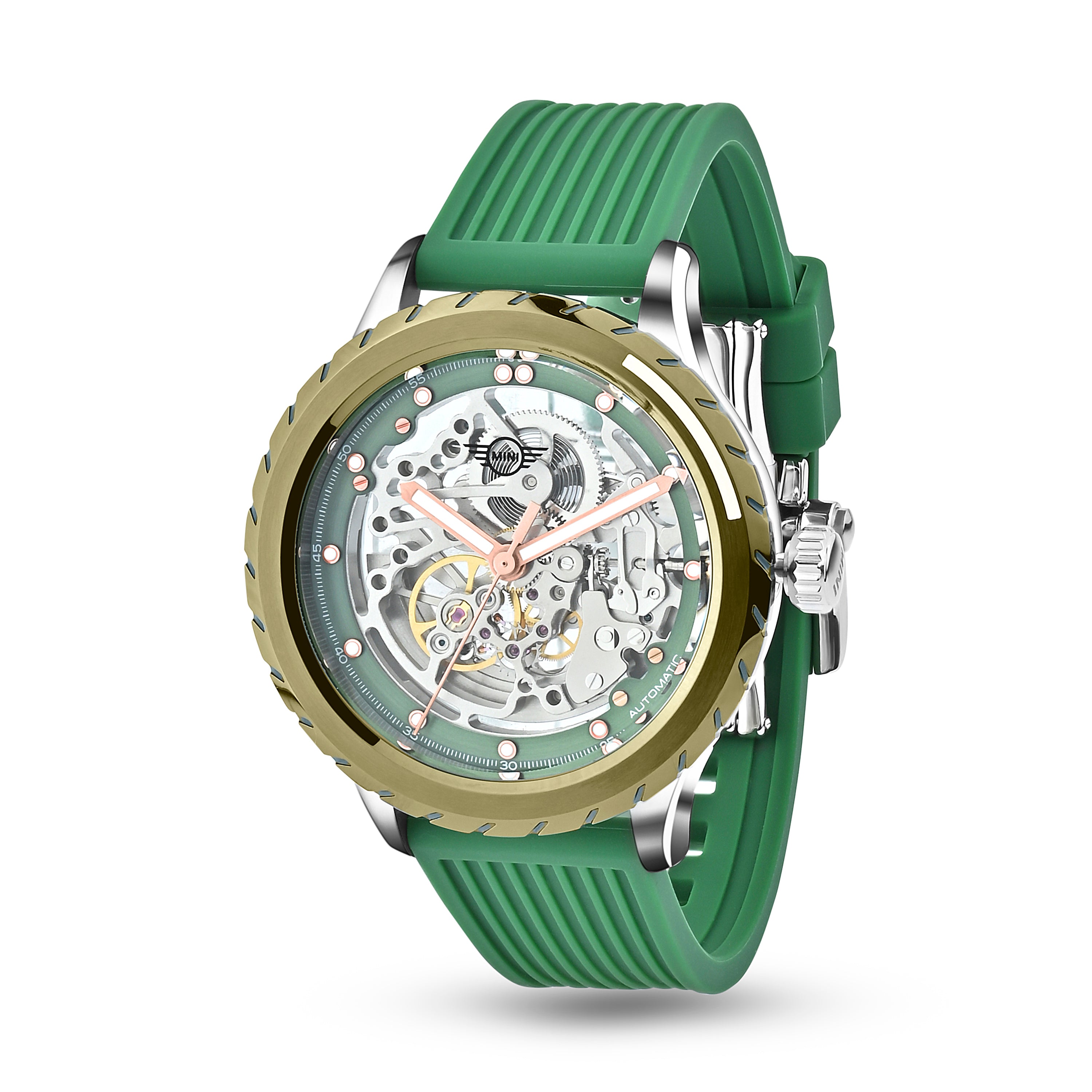 MINI Cooper | Skeleton Automatic | Luxury Watches | Green | Silicon Strap | Men | Wheel Dial Automatic Collection