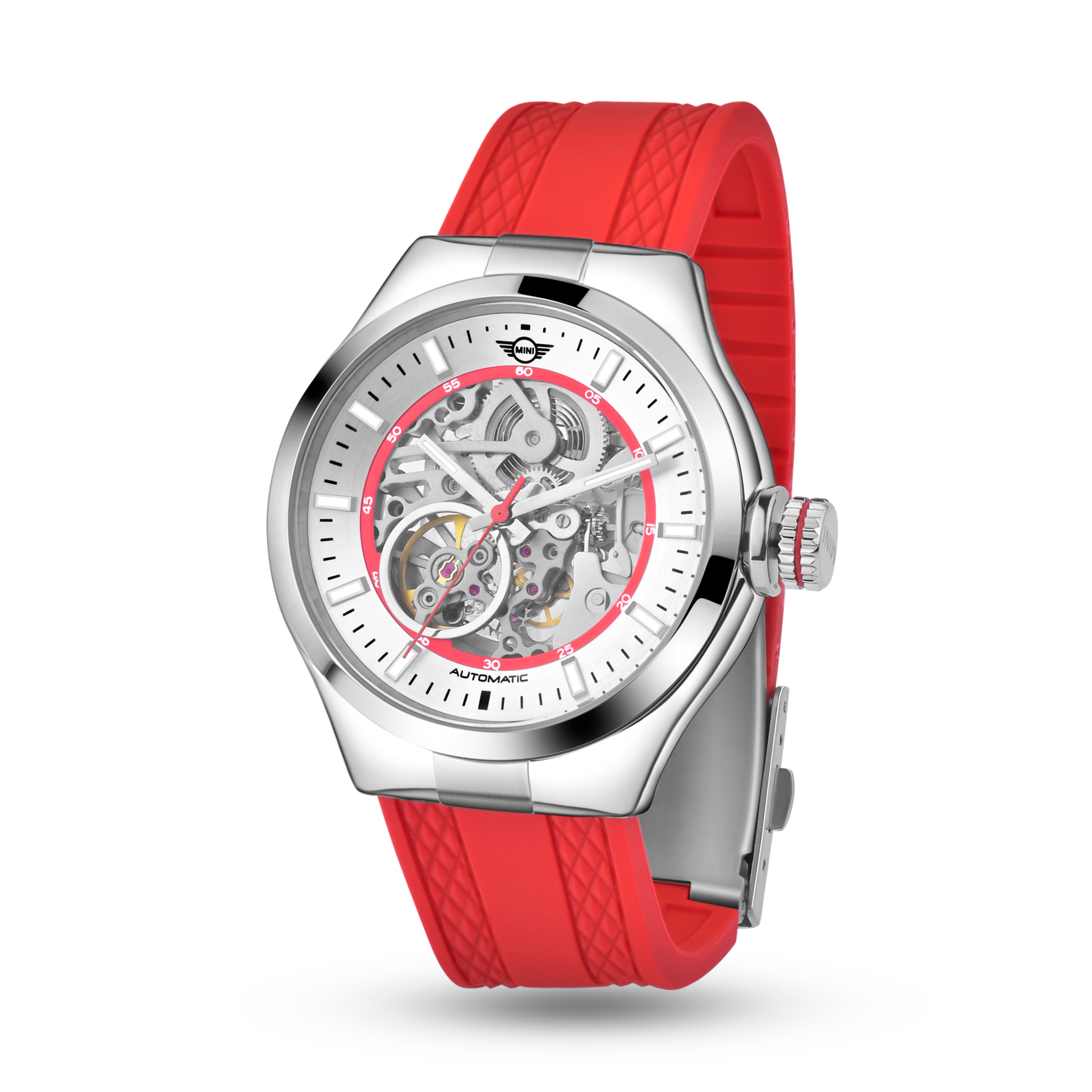 MINI Cooper | Skeleton Automatic | Luxury Watches | Red & Silver | Silicon Strap | Men & Women (Unisex) | Mechanical Skeleton Automatic Collection