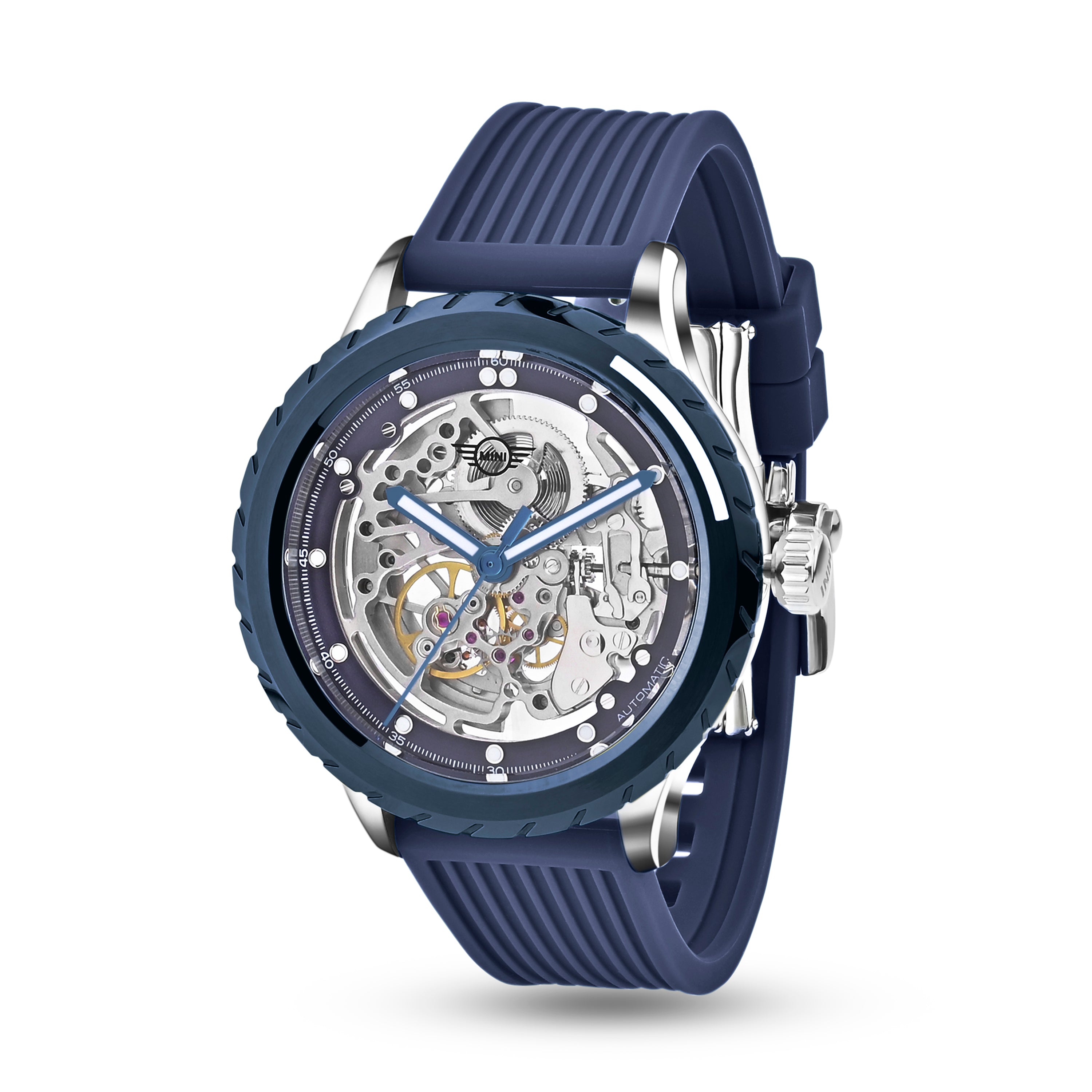 MINI Cooper | Skeleton Automatic | Luxury Watches | Blue | Silicon Strap | Men | Wheel Dial Automatic Collection