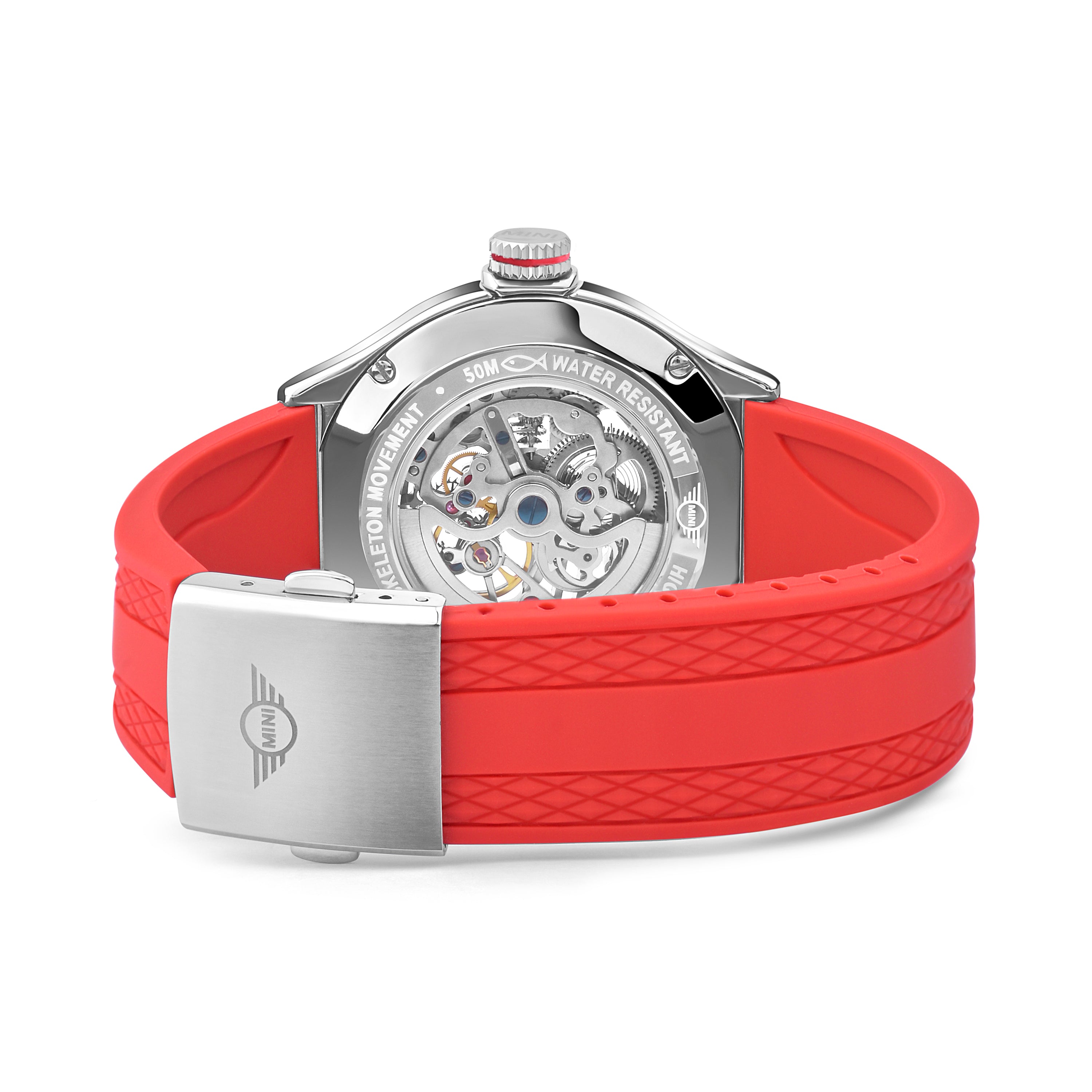 MINI Cooper | Skeleton Automatic | Luxury Watches | Red & Silver | Silicon Strap | Men & Women (Unisex) | Mechanical Skeleton Automatic Collection