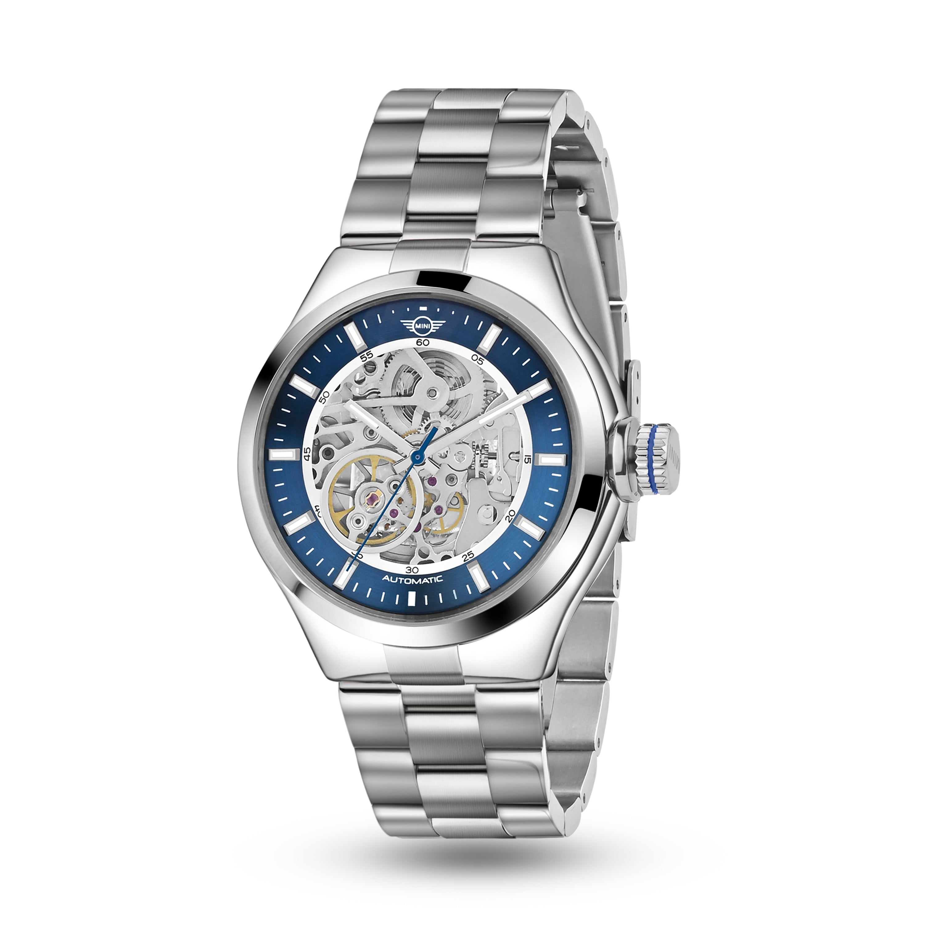 MINI Cooper | Skeleton Automatic | Luxury Watches | Silver & Blue | Stainless Steel Strap | Men | Mechanical Skeleton Automatic Collection